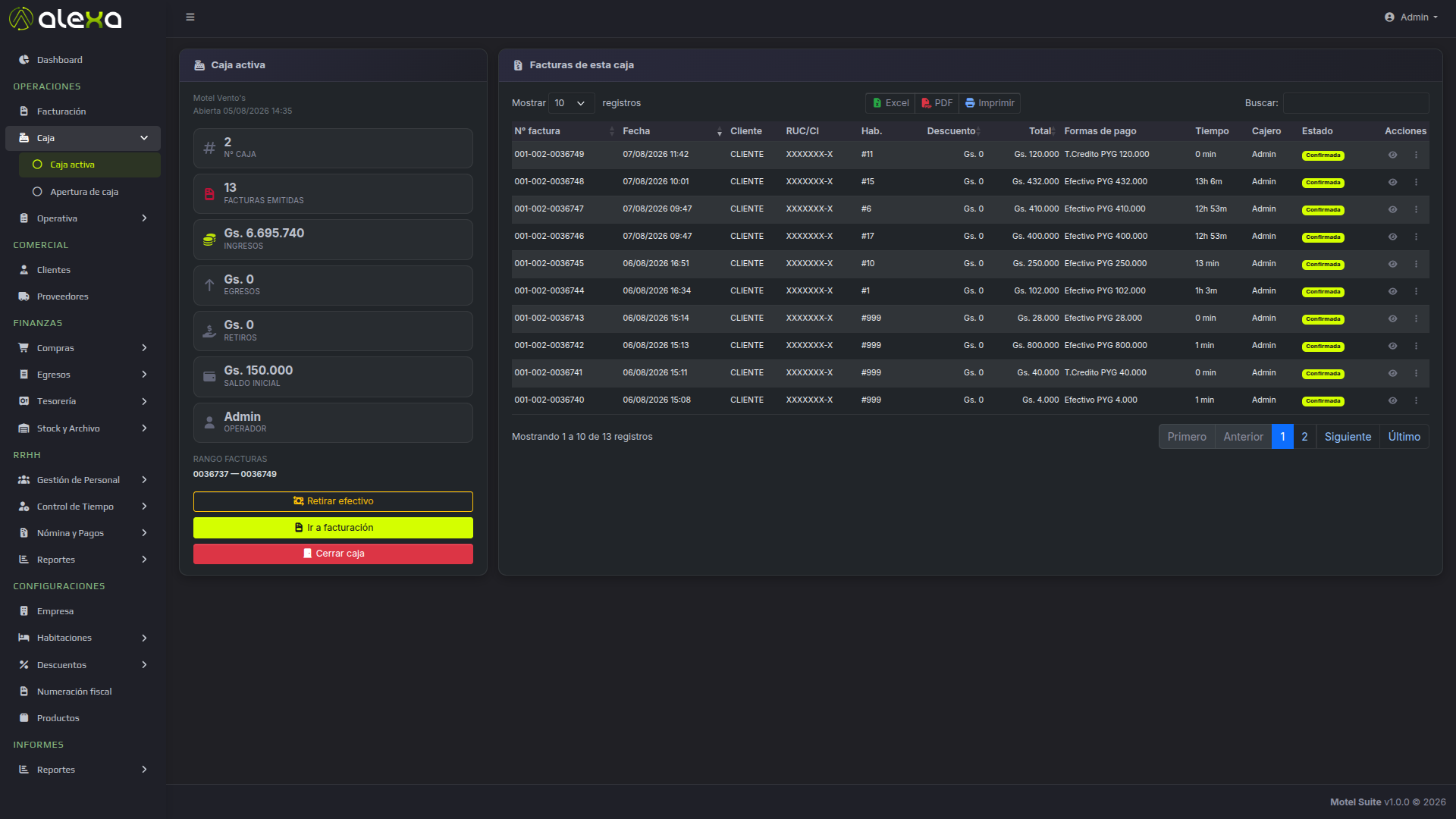 Caja y facturación fiscal en ALX Motel Suite
